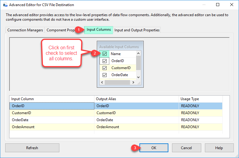 ssis check input columns