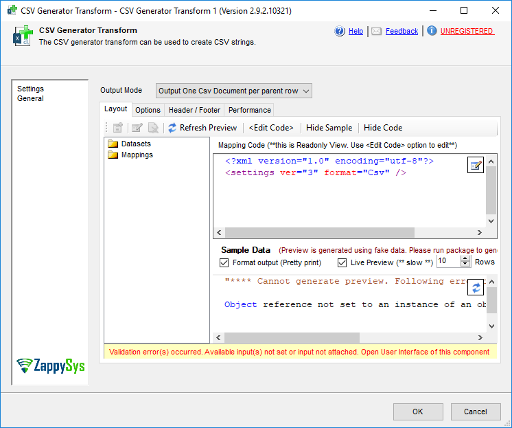 SSIS CSV Generator - Setting UI