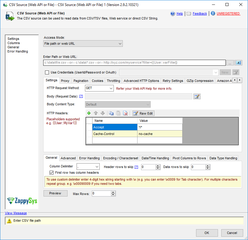 SSIS CSV Source (Web API or File) - Setting UI