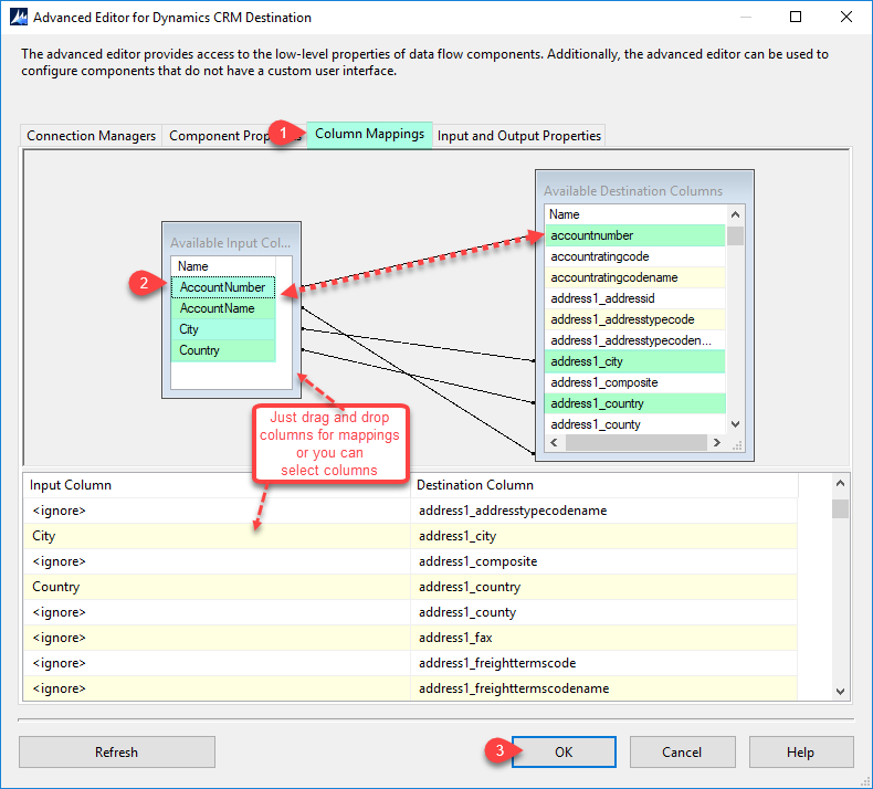 DynamicsCRM Destination - Columns Mappings