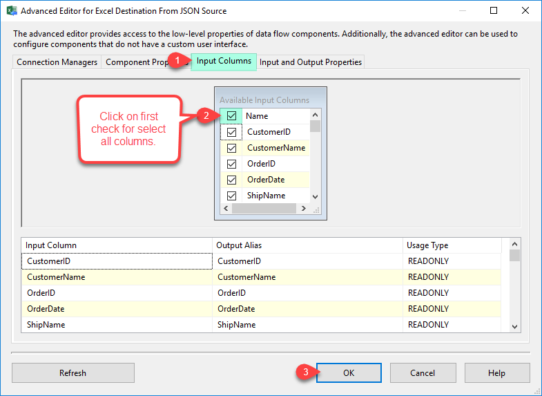 SSIS Excel File Destination - Input Columns