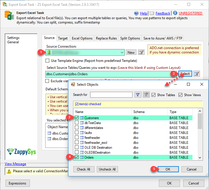 SSIS Export to Excel File Task - Generate Excel files for selected tables/views