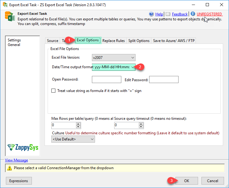 SSIS Export Excel File Task - Excel Date Formatting, Encoding Options