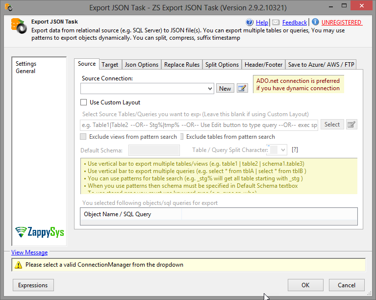 SSIS Export to JSON File Task - Setting UI