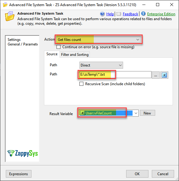 Advanced SSIS File System Task - SSIS get files count
