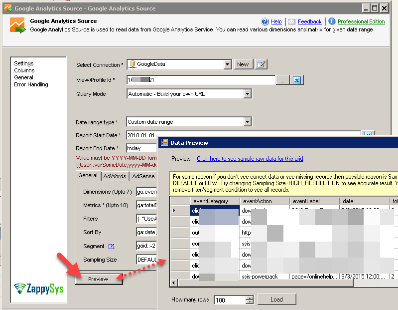 SSIS Google Analytics Connector UI - Predefined Report Preview
