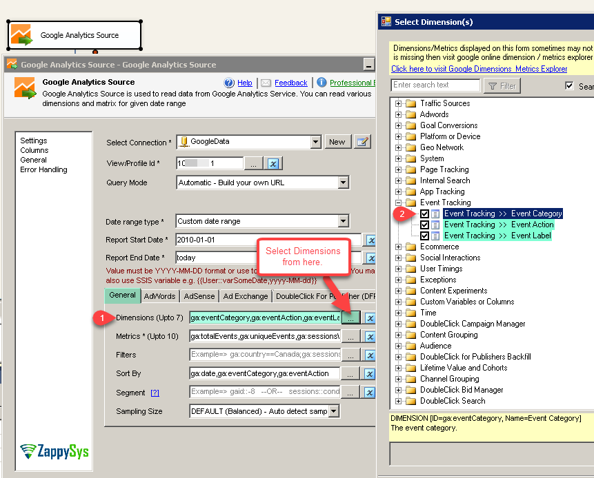 SSIS Google Analytics Connector UI - Select Dimensions