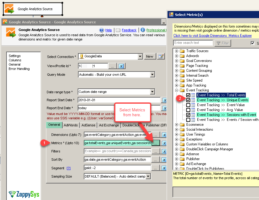 SSIS Google Analytics Connector UI - Select Metrics