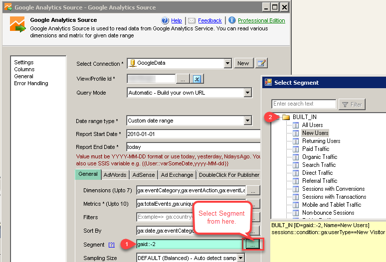 SSIS Google Analytics Connector UI - Select Segment