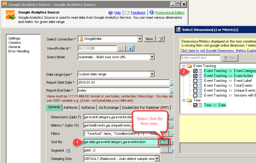 SSIS Google Analytics Connector UI - Select Sort By