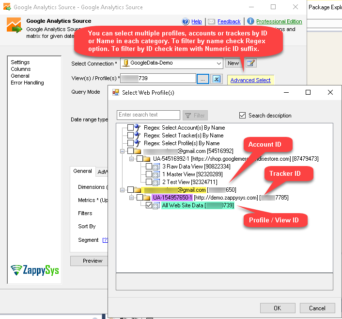 SSIS Google Analytics Connector UI - Select Web Profile