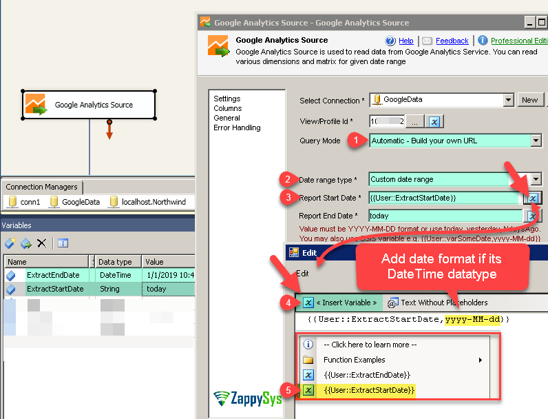 SSIS Google Analytics Connector UI - Automatic URL mode (Build your own query from UI)