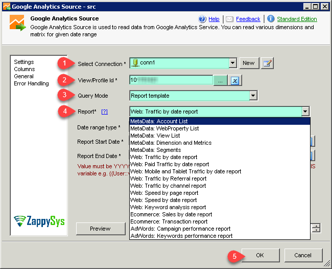 SSIS Google Analytics Connector UI - Predefined Reports mode