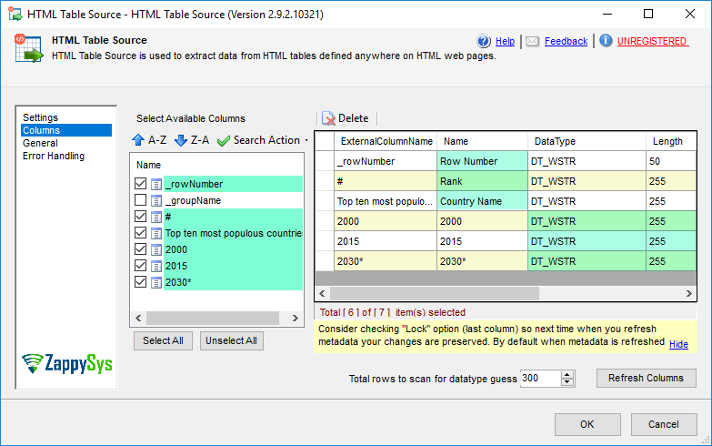 SSIS HTML Table Source - Select Columns
