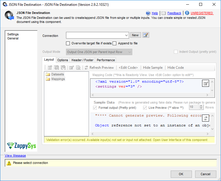 JSON File Destination - Setting UI