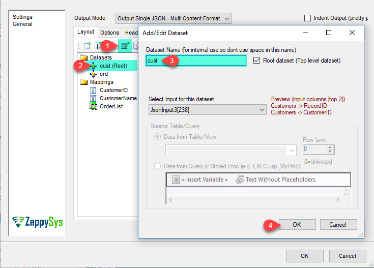 JSON File Destination - Add/Edit input Dataset