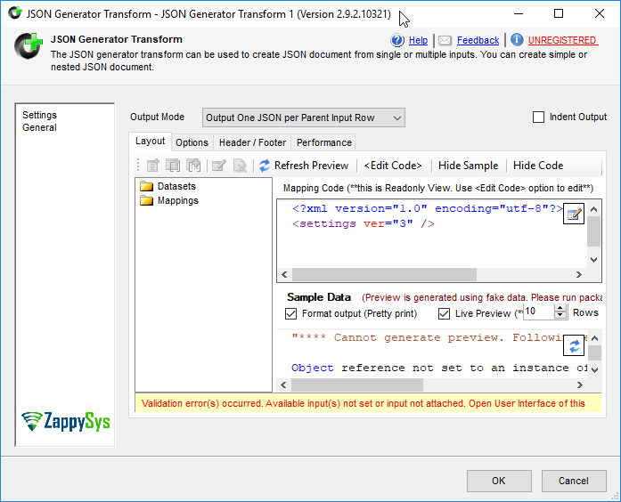 SSIS JSON Generator - Setting UI