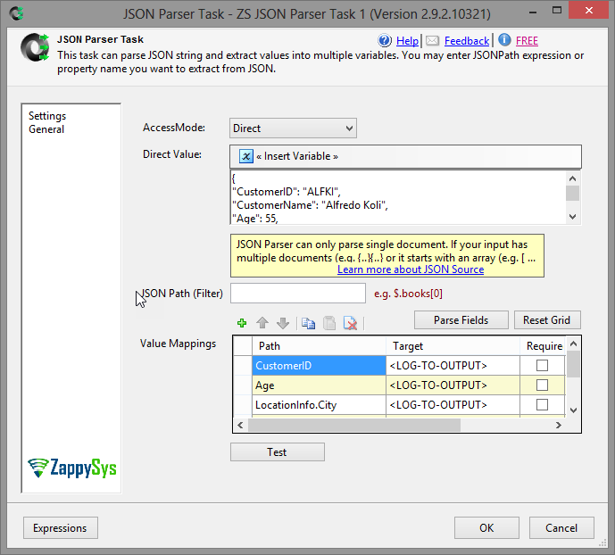 SSIS JSON Parser Task - Test JSON Path Settings