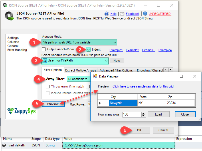 SSIS JSON Source - Variable Mode - Call Web API or Read from File