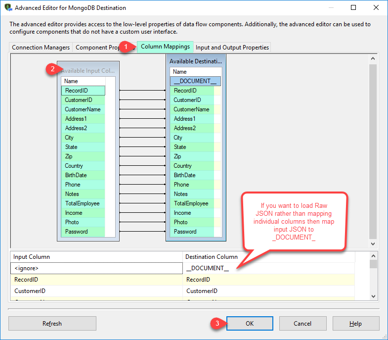 Configure SSIS MongoDB Destination Adapter - Mapping Tab