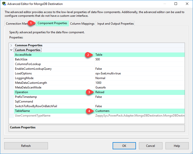 Configure SSIS MongoDB Destination Adapter - Component Tab