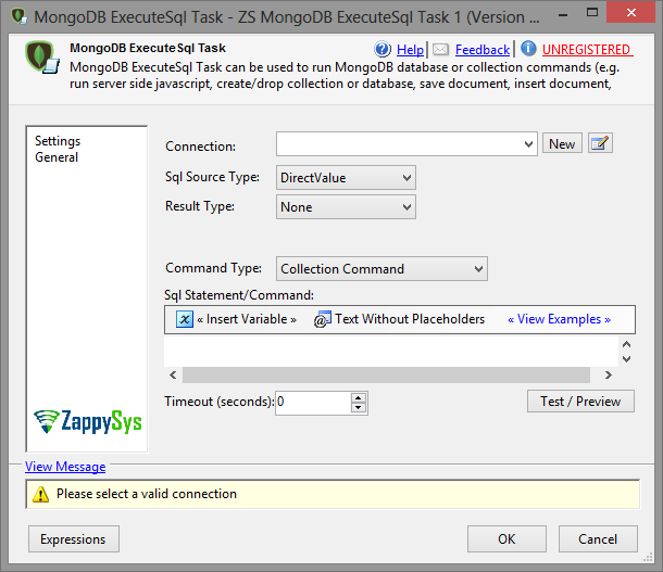 MongoDb ExecuteSQL Task - Setting UI