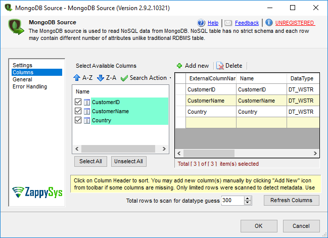 SSIS MongoDB Source - Select Columns