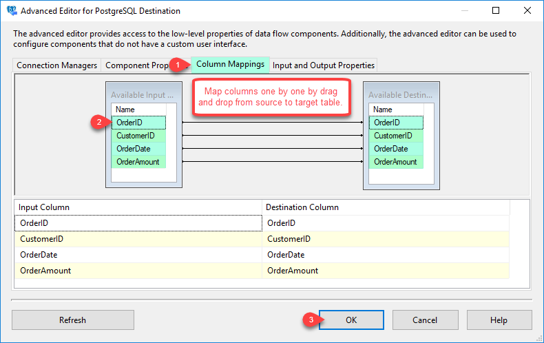 SSIS PostgreSQL Destination - Columns Mapping
