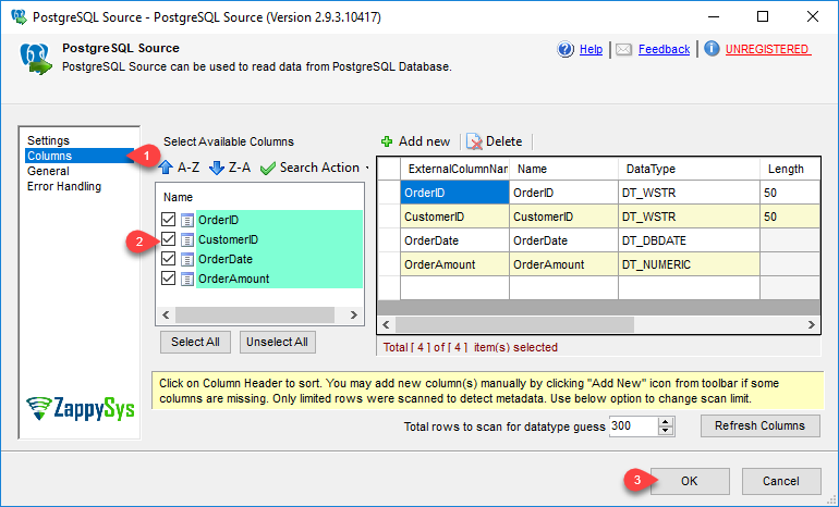 SSIS PostgreSQL Source - Select Columns