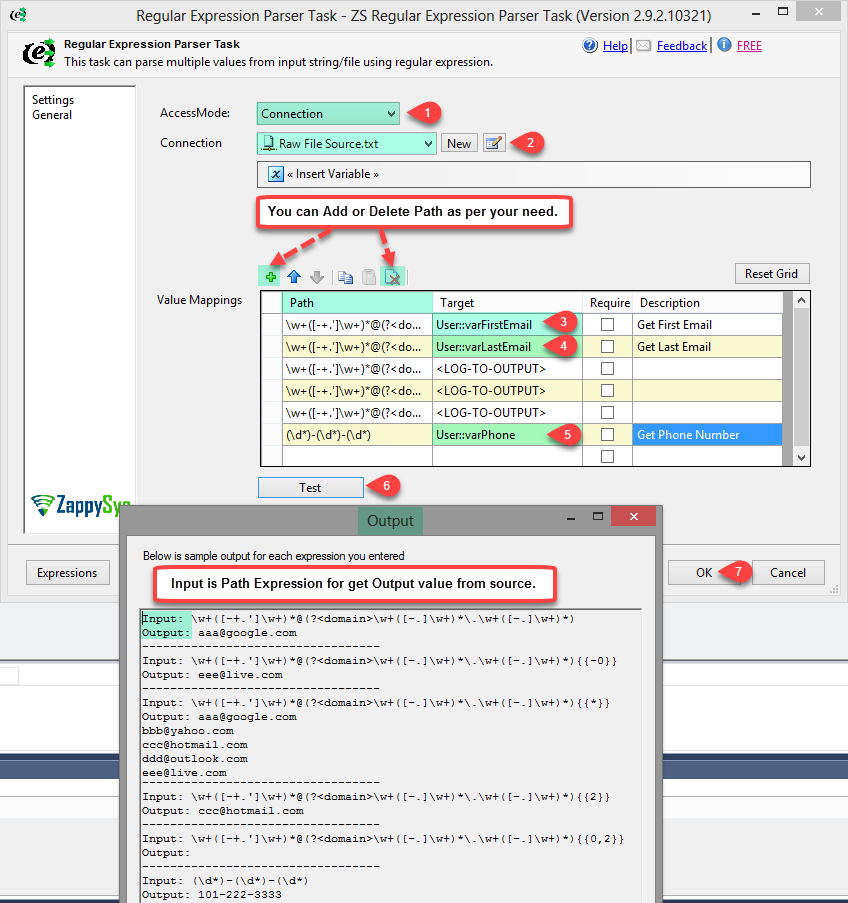 SSIS Regex Parser Task - Extract email,phone from text using Regular expression