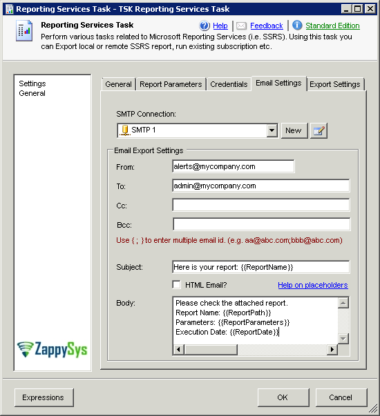 SSIS Reporting Services Task - Email export settings screen