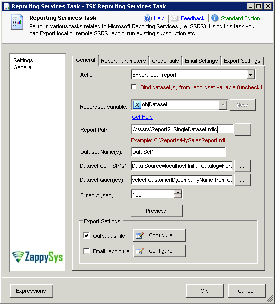 SSIS Reporting Services Task - Export Server Report Screen