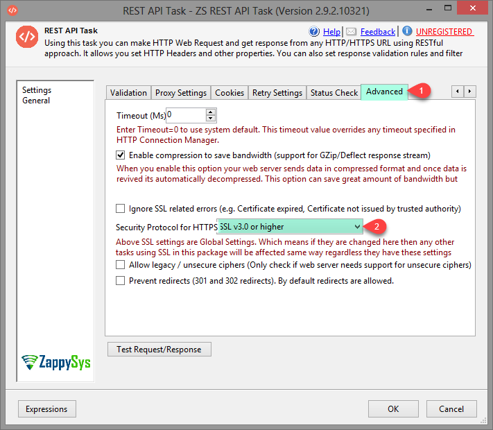 SSIS REST Api Task - Advanced settings (SSL/TLS version, Compression, Timeout)