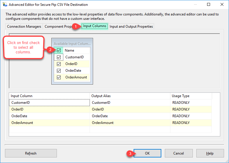 SSIS Secure FTP CSV File Destination - Columns