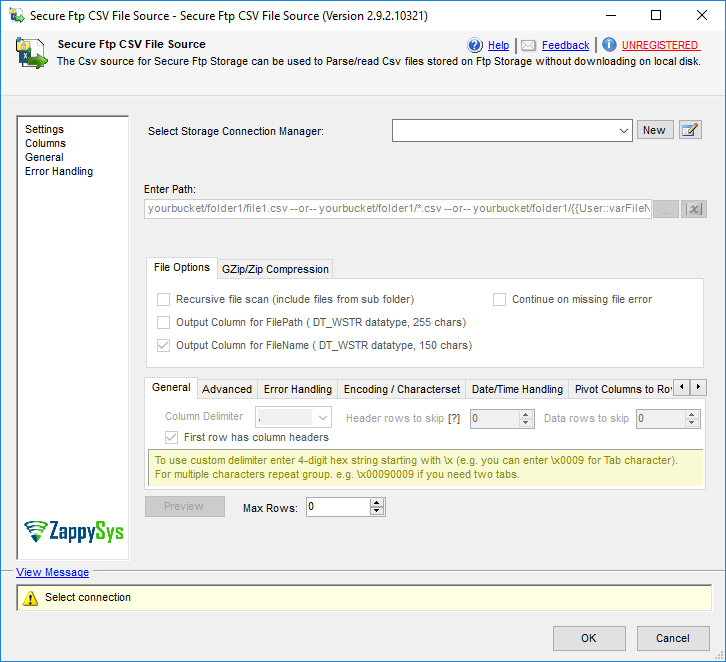 SSIS Secure FTP CSV File Source - Setting UI