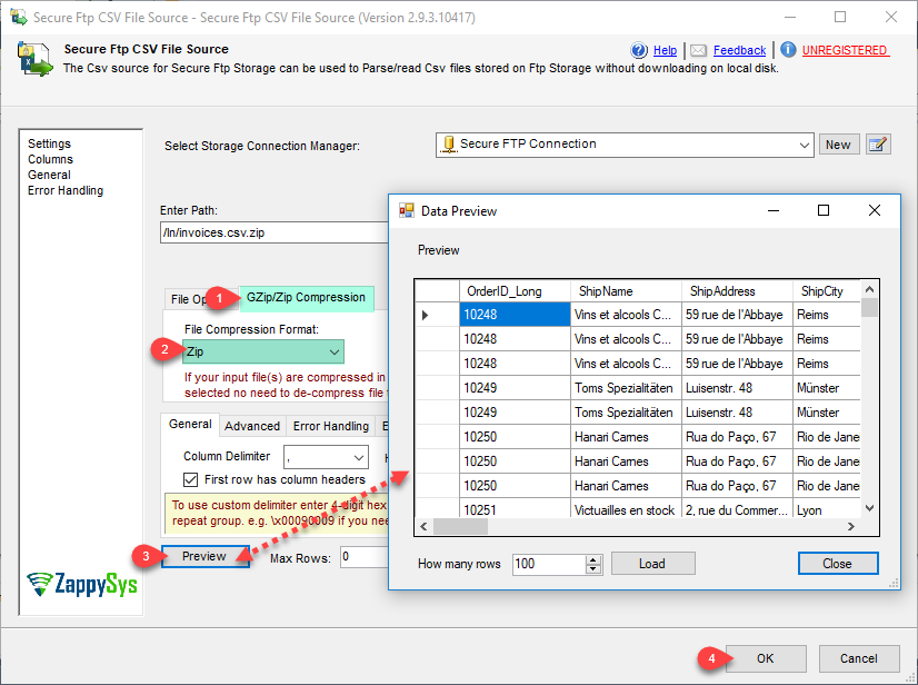 SSIS Secure FTP CSV File Source - Compression Tab