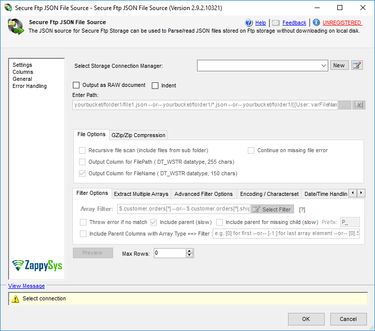 SSIS Secure FTP JSON File Source - Setting UI
