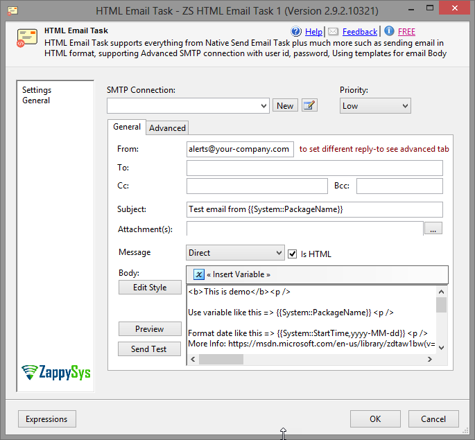 SSIS Send HTML Email Task - Setting UI