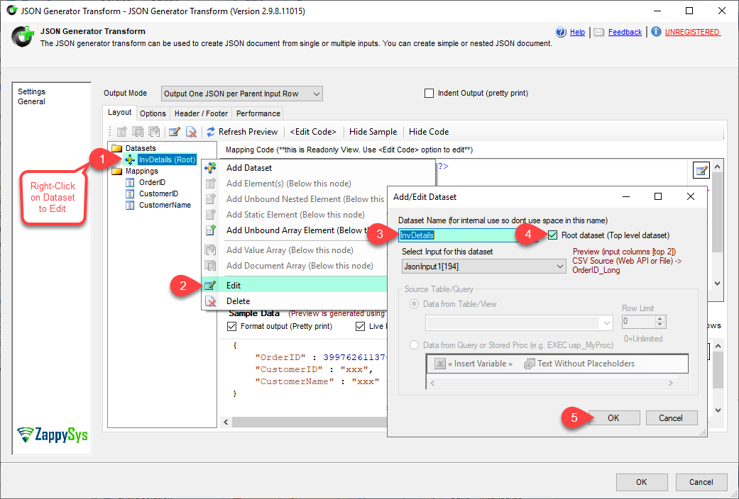 SSIS JSON Generator Transform - Configure Edit DataSet