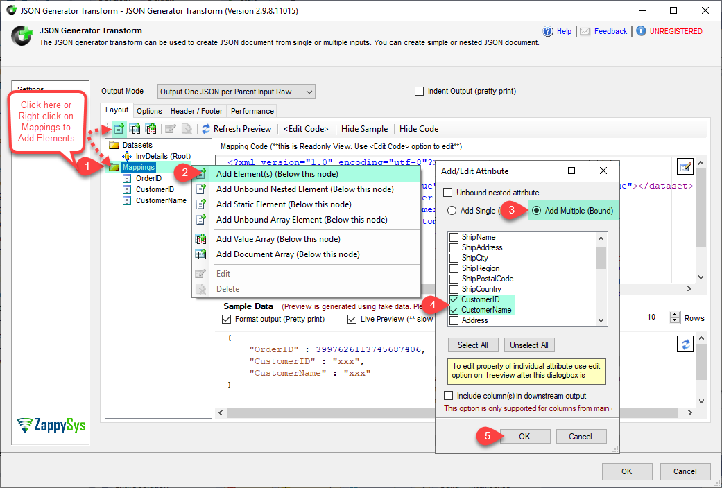 SSIS JSON Generator Transform - Configure Add Element(s)