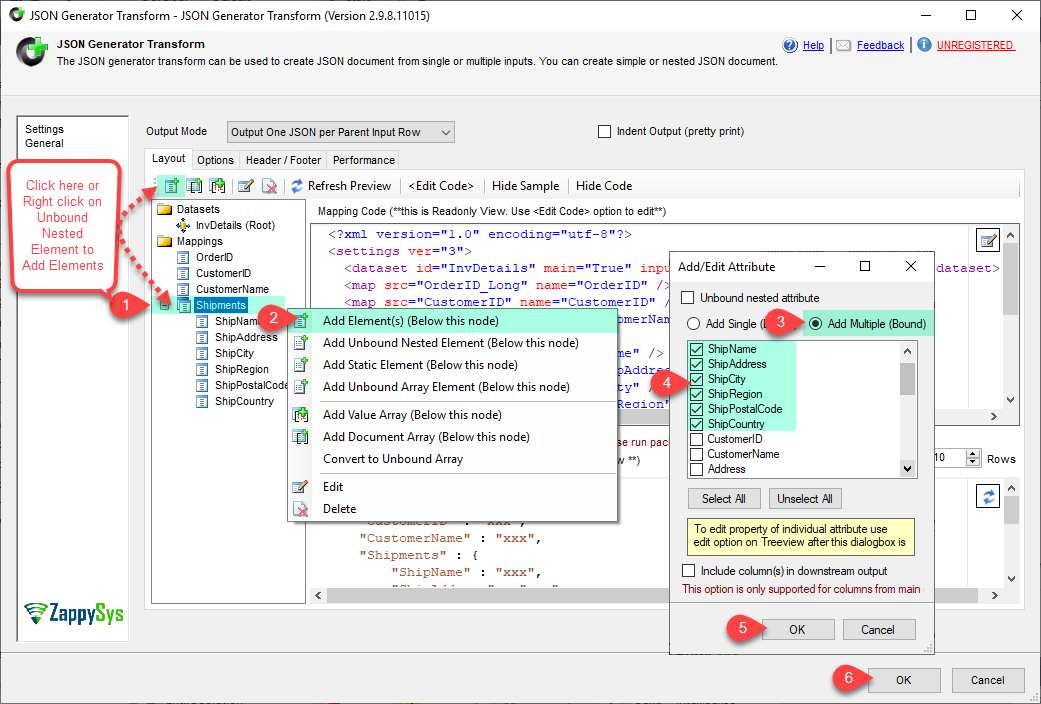 SSIS JSON Generator Transform - Configure Add Unbound Element