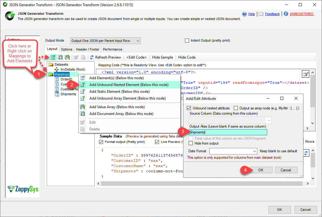 SSIS JSON Generator Transform - Configure Add Unbound Element