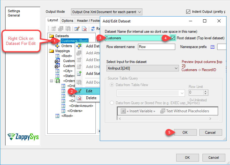 XML File Destination - Add/Edit input Dataset
