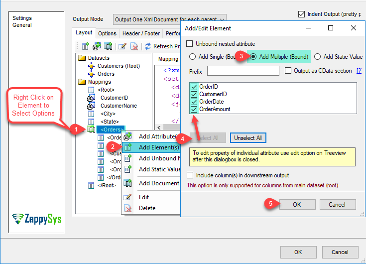 XML File Destination - Add/Edit Sub Elements