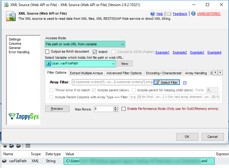 SSIS XML Source - Variable Mode - Call Web API or Read from File